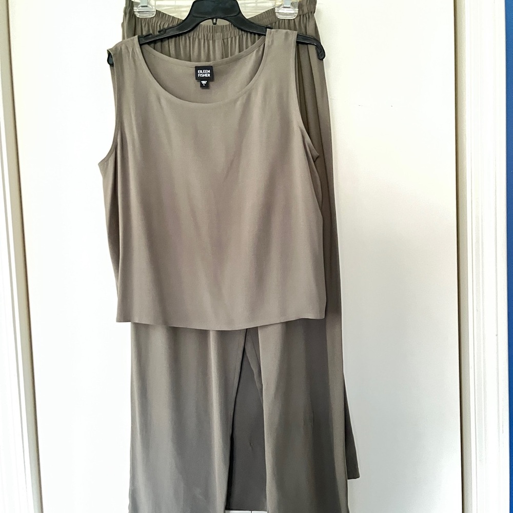 Eileen Fisher Gray Silk Georgette Crepe Tank, Skirt and Pants